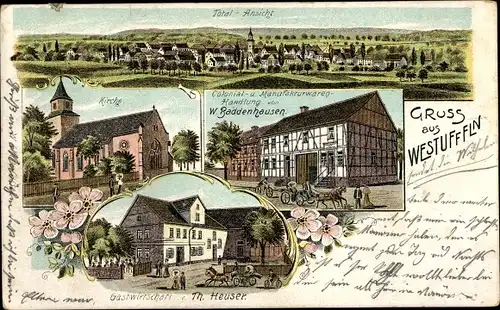 Litho Westuffeln Calden in Hessen, Kolonialwarenhandlung W. Baddenhausen, Gastwirtschaft, Kirche