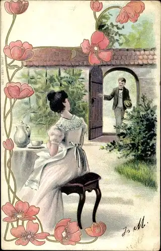 Präge Litho Mohnblüten, Frau am Tisch im Garten, Liebespaar