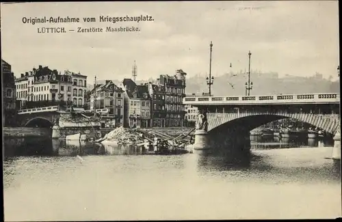 Ak Liège Lüttich Wallonien,  Kriegsschauplatz, Zerstörte Maasbrücke