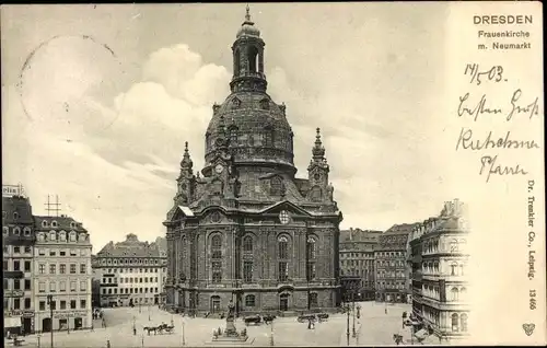 Ak Dresden Altstadt, Frauenkirche mit Neumarkt, Außenansicht, Kutsche