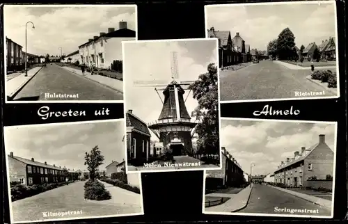 Ak Almelo Overijssel Niederlande, Molen Nieuwstraat, Hulststraat, Seringenstraat