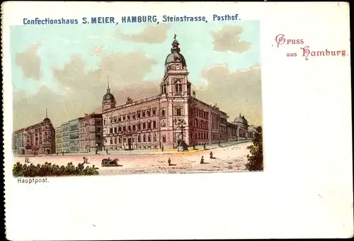 Litho Hamburg, Konfektionshaus S. Meier, Steinstrasse, Posthof, Hauptpost