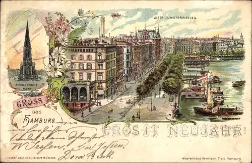 Litho Hamburg, Nicolaikirche, Alter Jungfernstieg