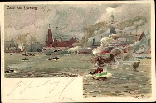 Künstler Litho Kley, Heinrich, Hamburg, Hafenmotiv, Kirchturm