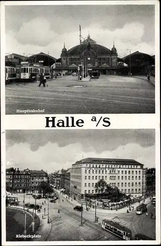 Ak Halle an der Saale, Hauptbahnhof, Straßenansicht, Straßenbahn Linie 8, Riebeckplatz