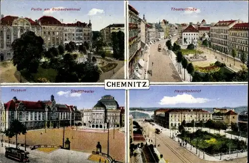 Ak Chemnitz Sachsen, Theaterstraße, Hauptbahnhof, Stadttheater, Beckerdenkmal