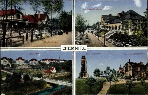 Ak Chemnitz in Sachsen, Waldschänke, Küchwaldschänke, Stadtpark, Bismarckturm