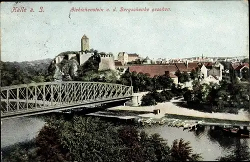 Ak Halle an der Saale, Burg Giebichstein von der Burgschenke gesehen, Brücke