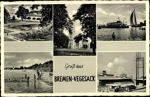 Ak Vegesack Bremen, Großer Anleger, Signalstation, Strand, Weserpartie, Kirche