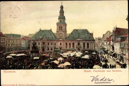 Ak Mannheim in Baden, Markt, Pfarrkiche, Rathaus, Marktszene