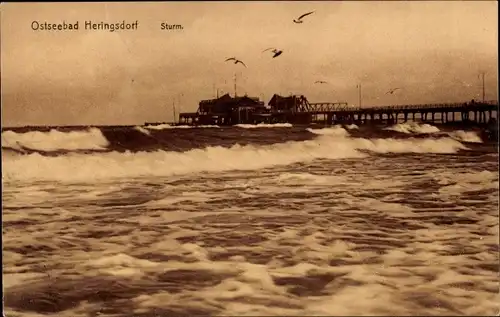 Ak Heringsdorf, Ostseebad, Stürmische See mit Seebrücke