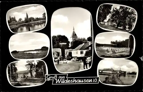 Ak Wildeshausen in Oldenburg, Blick zur Kirche, Schwimmbad, Panorama