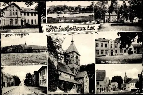 Ak Wildeshausen in Oldenburg, Amtshaus, Ev. Volksschule, Gehörlosenschule, Karpfenteich, Kirchen