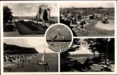 Ak Ostseebad Bansin Heringsdorf auf Usedom, Strandszenen, Tor, Steg, Boote, Strandkörbe