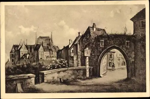 Ak Meißen, Alt-Meißen, ehemaliges Stadttor, Lommatzscher Tor mit Blick auf die Burg