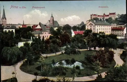 Ak Pirna in Sachsen, Friedenspark, Sonnenstein, Teich