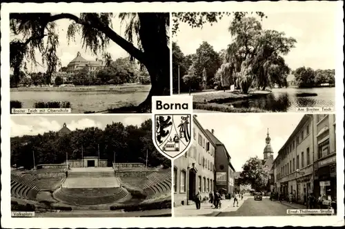 Ak Borna in Sachsen, Oberschule, Ernst Thälmann Straße, Volksplatz, Wappen