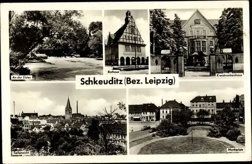 Ak Schkeuditz in Sachsen, Rathaus, Kreiskrankenhaus, Teilansicht, Marktplatz, Elster