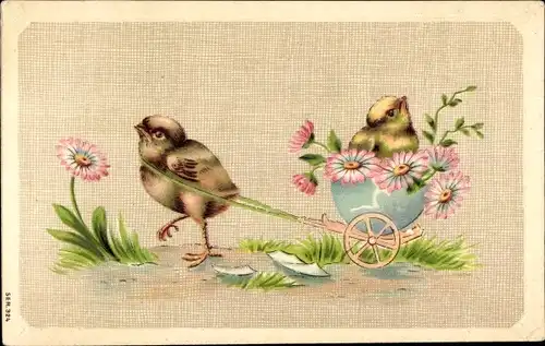 Präge Ak Glückwunsch Ostern, Küken, Osterei, Fuhrwerk, Margeriten