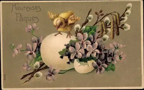 Präge Ak Glückwunsch Ostern, Küken, Osterei, Weidenkätzchen, Veilchen