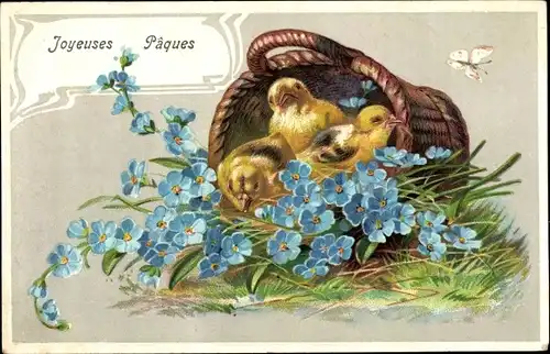Präge Ak Glückwunsch Ostern, Küken, Korb, Vergissmeinnicht