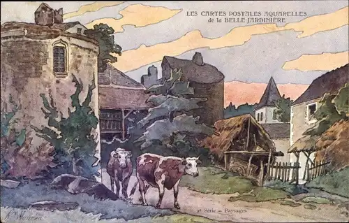 Künstler Ak Belle Jardinière, Paris, Reklame, Paysages, Frankreich, Kühe, Ortschaft