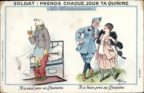 Künstler Ak Guillaume, Soldat! Prends chaque jour ta Quinine, Le Permissionnaire, Soldat, Verehrerin