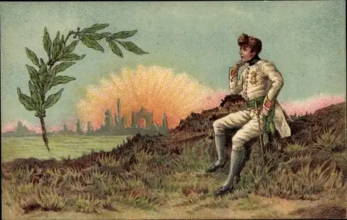 Ak Napoleon, Triumphbogen im Hintergrund, Lorbeer