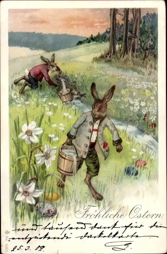 Ak Glückwunsch Ostern, Vermenschlichte Hasen holen Wasser, Ostereier