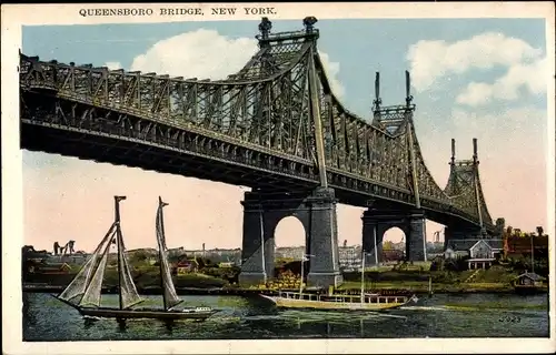 Ak New York City USA, Queensboro Bridge, Segelboot