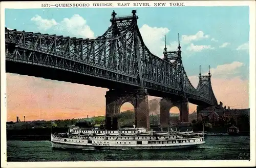Ak New York City USA, Queensboro Bridge, East River, Dampfer