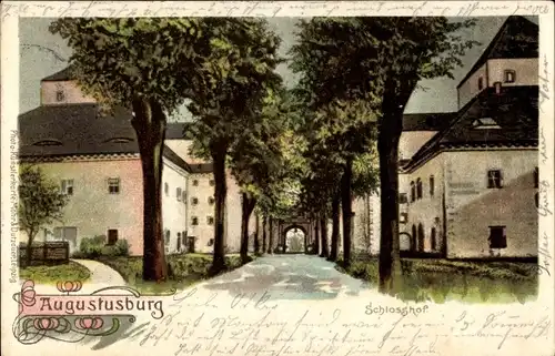 Litho Augustusburg im Erzgebirge, Blick zum Schlosshof, Tor