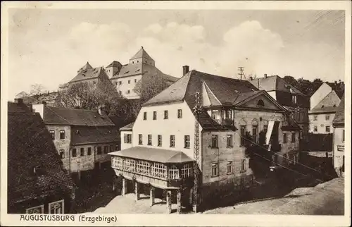 Ak Augustusburg im Erzgebirge, Stadtbild m. Schloss, Gasthof Lehngericht