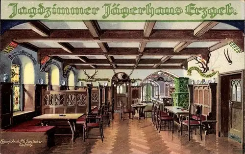 Künstler Ak Jantocher, Arch. Ph., Breitenbrunn im Erzgebirge, Jagdzimmer im Jägerhaus