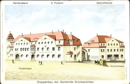 Künstler Ak Grünhainichen Sachsen, Gruppenbau Poststraße, Gemeindeamt, Postamt, Geschäftshaus