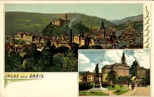Litho Greiz in Thüringen, Totalansicht vom Ort, Kaiser Wilhelm Denkmal, Unteres Schloss