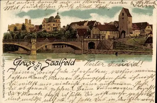 Litho Saalfeld an der Saale Thüringen, Stadtidyll mit Brücke