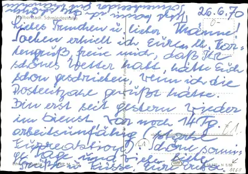 Ak Halberstadt am Harz, Schmiedestraße, Wohnhäuser, Kirche, Gasthaus Postschenke