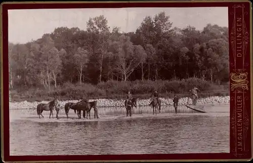 Kabinett Foto Dillingen an der Donau, Pferde im Wasser, Uferpartie