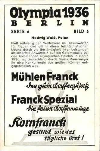 Sammelbild Olympia 1936, Diskuswerferin Hedwig Weiß, Mühlen Franck Kaffeezusatz