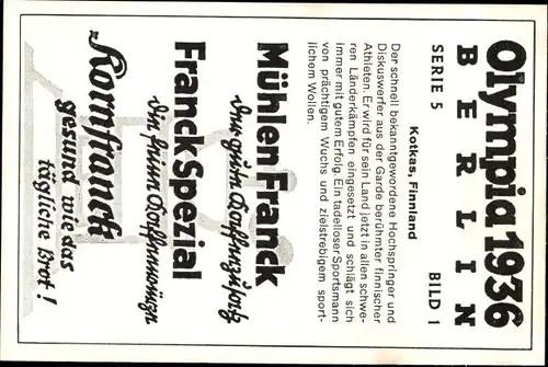 Sammelbild Olympia 1936, Kotkas, Hochspringer, Mühlen Franck Kaffeezusatz