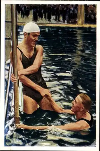 Sammelbild Olympia 1936, Otto Wille und Helmuth Fischer, Schwimmer, Mühlen Franck Kaffeezusatz