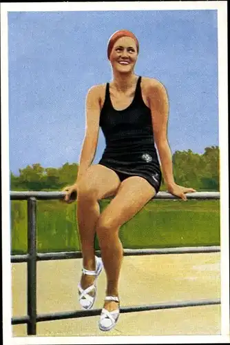 Sammelbild Olympia 1936, Hertha Schieche, Schwimmerin, Mühlen Franck Kaffeezusatz