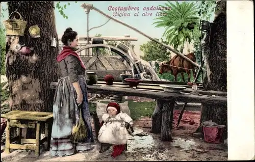 Ak Andalusien, Costumbres andaluzas, Frau und Kind in Tracht, Brunnen, Photochromie Purger 3178