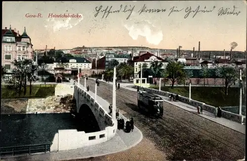 Ak Gera in Thüringen, Blick auf die Heinrichsbrücke, Straßenbahn