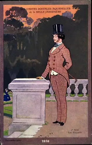 Künstler Ak Matet, J., Belle Jardinière, Les Elégants, Mann im karierten Anzug mit Zylinder, Reklame