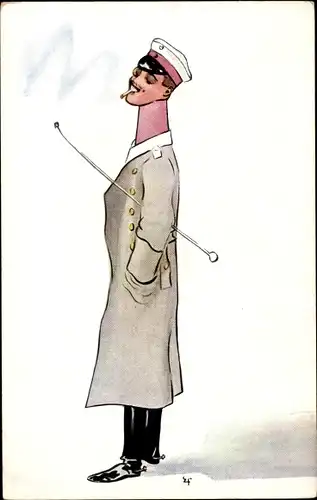 Künstler Ak Karikatur, deutscher Soldat in Uniform mit Zigarette