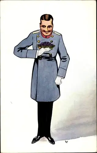 Künstler Ak Soldat im Mantel, Verbeugung