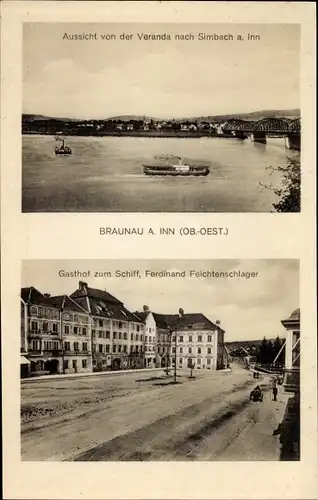 Ak Braunau am Inn Oberösterreich, Gasthof zum Schiff, Blick auf den Ort