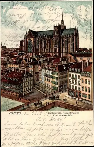 Litho Metz Moselle, Kathedrale, Felsenbrücke